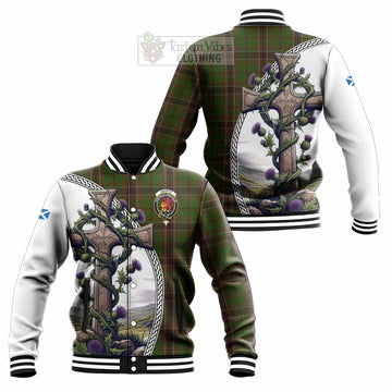 Murphy Tartan Baseball Jacket with Family Crest and St. Andrew's Cross Accented by Thistle Vines Unisex - Tartan Vibes Clothing