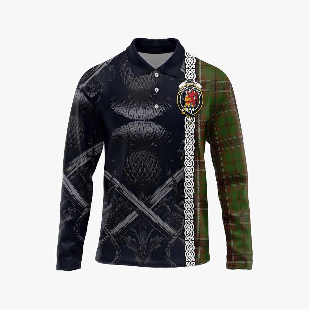 Murphy Tartan Long Sleeve Polo Shirt with Family Crest Cross Sword Thistle Celtic Vibes Unisex - Tartan Vibes Clothing