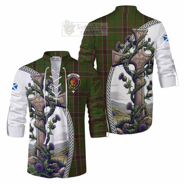 Murphy Tartan Ghillie Kilt Shirt with Family Crest and St. Andrew's Cross Accented by Thistle Vines Men - Tartan Vibes Clothing