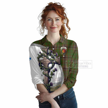 Murphy Tartan Women's Casual Shirt with Family Crest and St. Andrew's Cross Accented by Thistle Vines Female - Tartan Vibes Clothing
