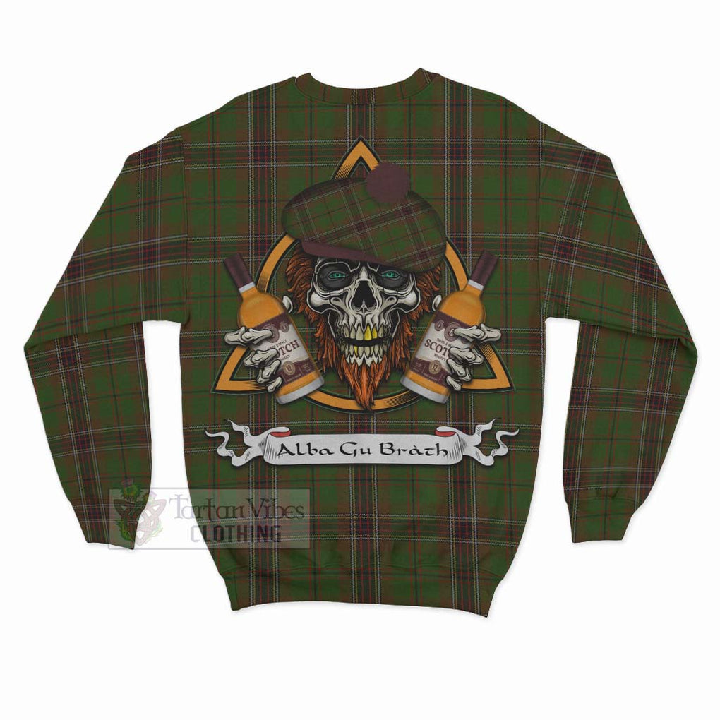 Murphy Tartan Sweatshirt with Family Crest and Bearded Skull Holding Bottles of Whiskey - Tartan Vibes Clothing