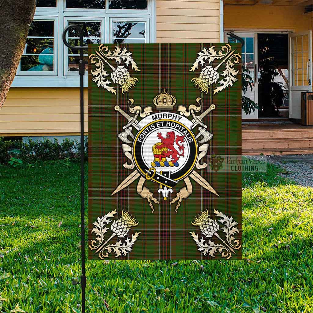 Tartan Vibes Clothing Murphy Tartan Flag with Family Crest and Golden Thistle Crossed Sword Design