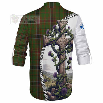 Murphy Tartan Ghillie Kilt Shirt with Family Crest and St. Andrew's Cross Accented by Thistle Vines - Tartan Vibes Clothing