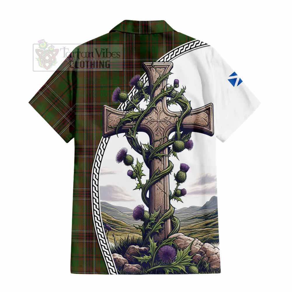 Murphy Tartan Hawaiian Shirt with Family Crest and St. Andrew's Cross Accented by Thistle Vines - Tartan Vibes Clothing