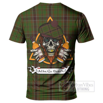 Murphy Tartan T-Shirt with Family Crest and Bearded Skull Holding Bottles of Whiskey - Tartan Vibes Clothing