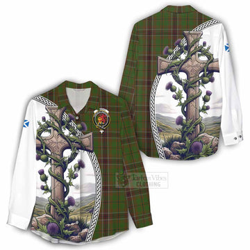 Murphy Tartan Women's Casual Shirt with Family Crest and St. Andrew's Cross Accented by Thistle Vines - Tartan Vibes Clothing