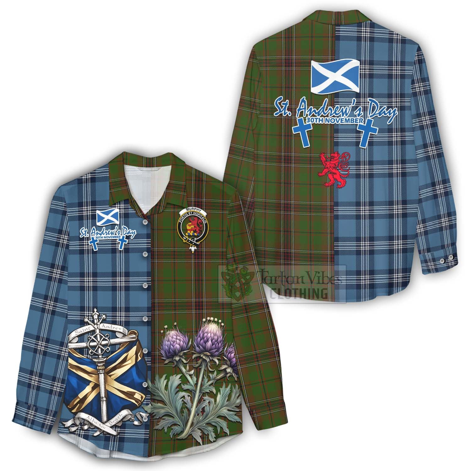 Murphy Tartan Women's Casual Shirt Happy St. Andrew's Day Half Tartan Style - Tartan Vibes Clothing