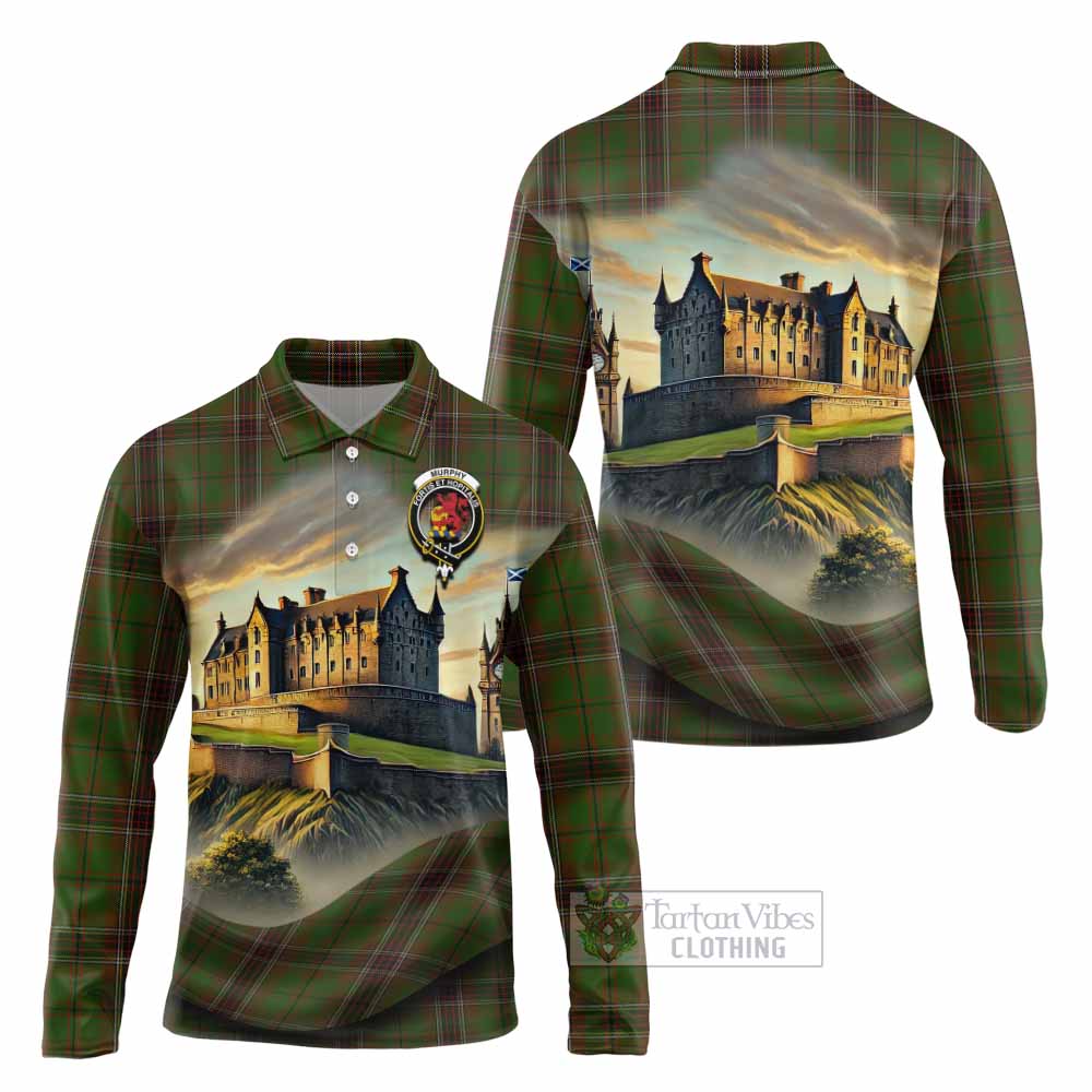 Murphy Tartan Family Crest Long Sleeve Polo Shirt with Scottish Ancient Castle Style - Tartan Vibes Clothing