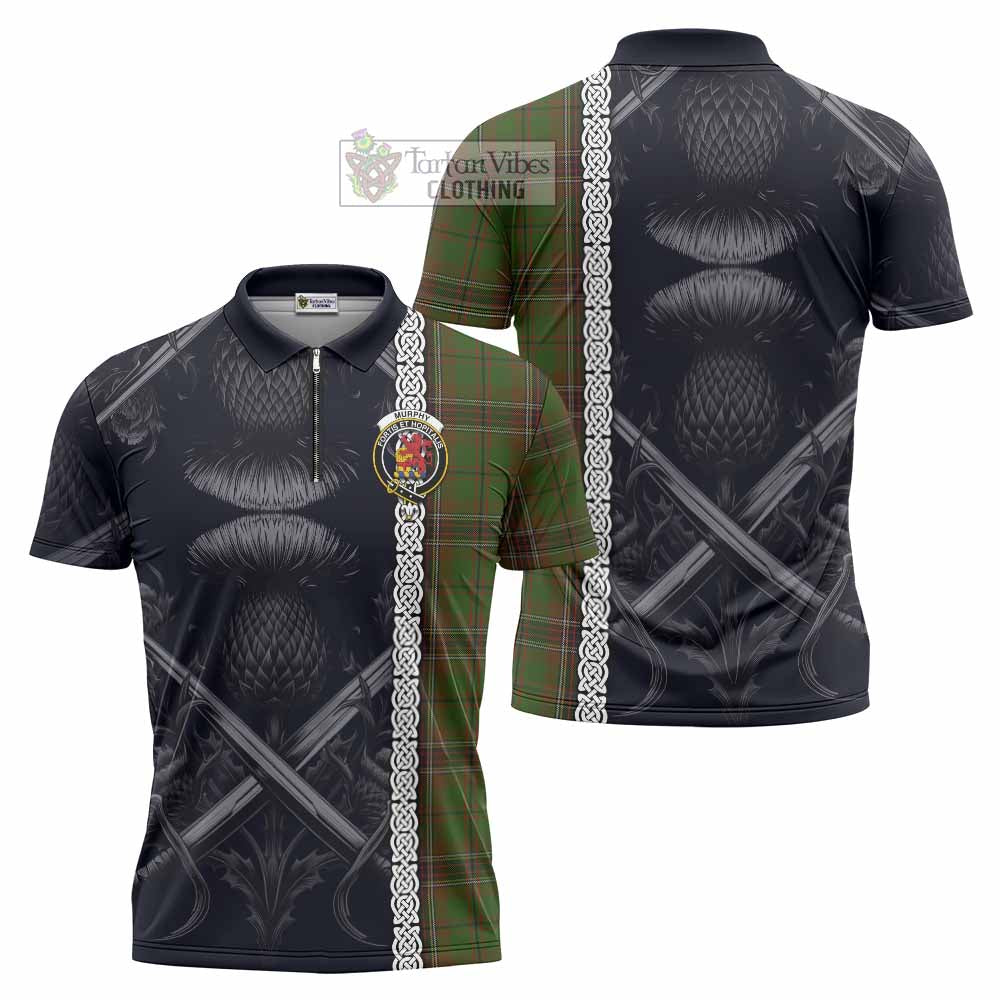 Murphy Tartan Zipper Polo Shirt with Family Crest Cross Sword Thistle Celtic Vibes - Tartan Vibes Clothing