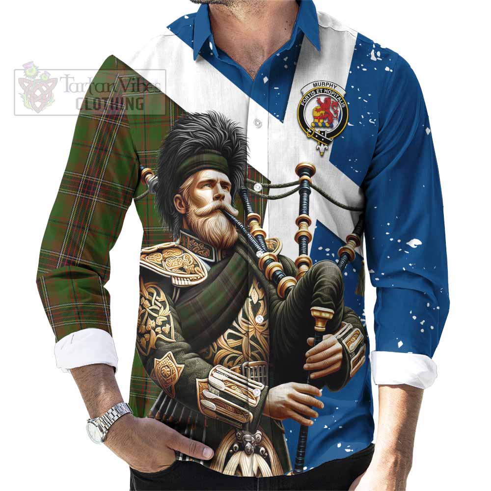 Murphy Tartan Long Sleeve Button Shirt with Family Crest Scottish Bagpiper Vibes - Tartan Vibes Clothing