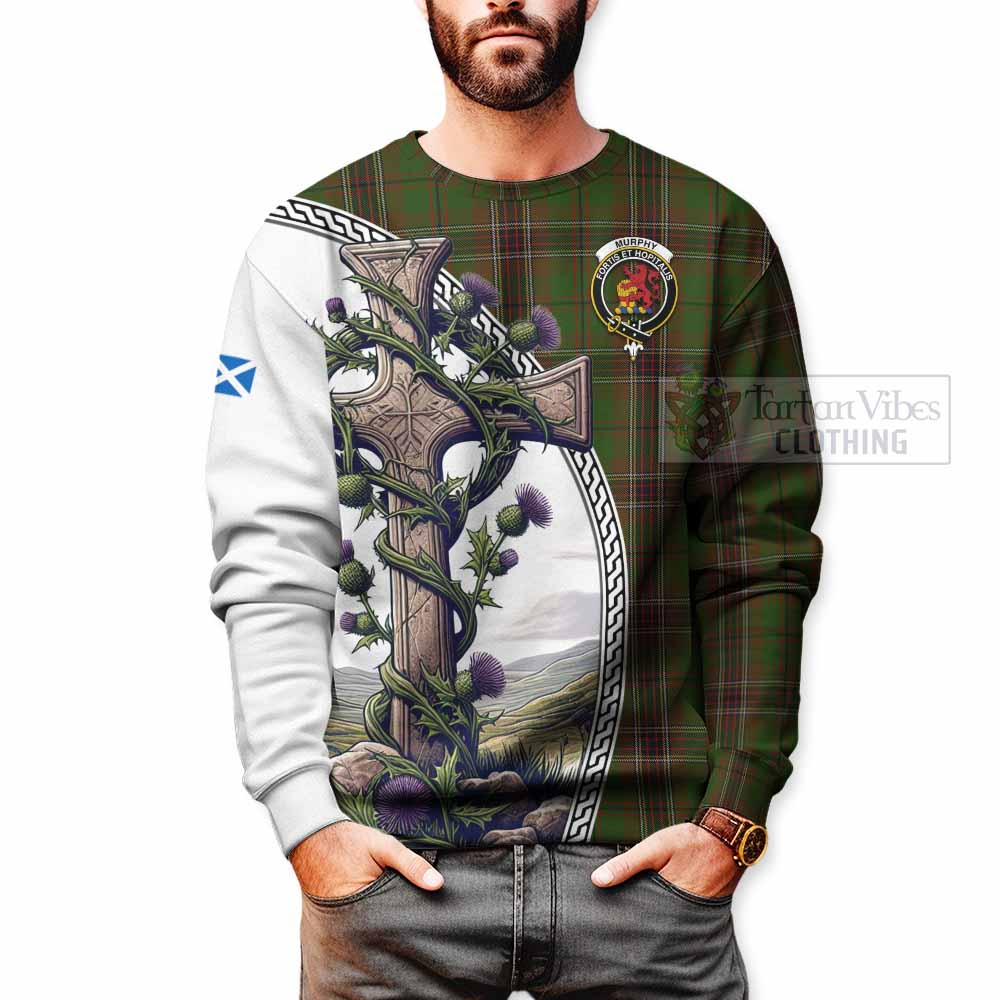 Murphy Tartan Sweatshirt with Family Crest and St. Andrew's Cross Accented by Thistle Vines - Tartan Vibes Clothing