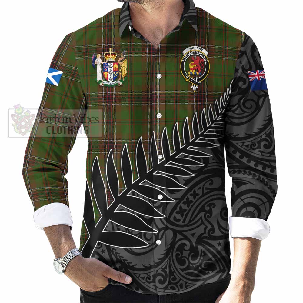 Tartan Vibes Clothing Murphy Crest Tartan Long Sleeve Button Shirt with New Zealand Silver Fern Half Style
