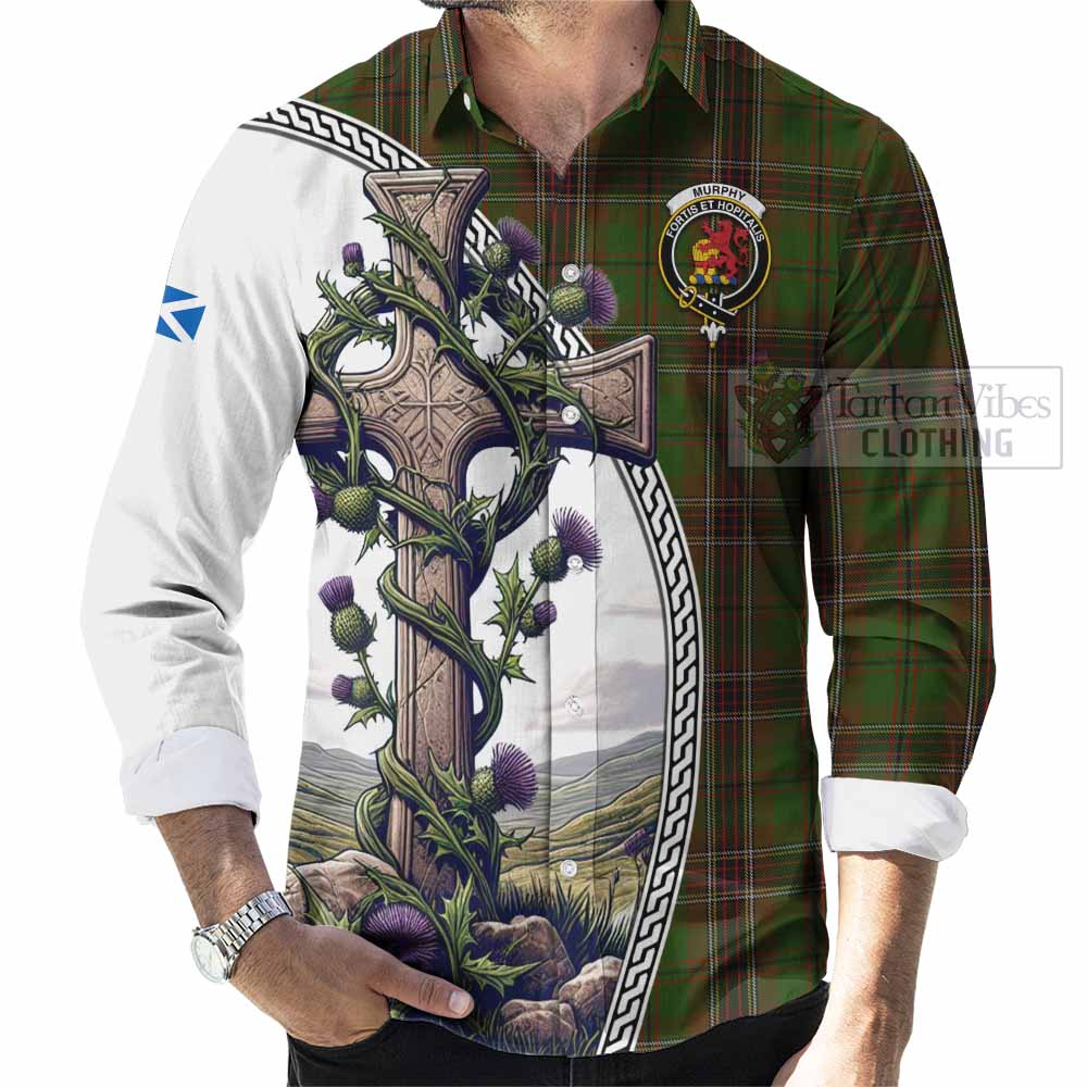 Murphy Tartan Long Sleeve Button Shirt with Family Crest and St. Andrew's Cross Accented by Thistle Vines - Tartan Vibes Clothing