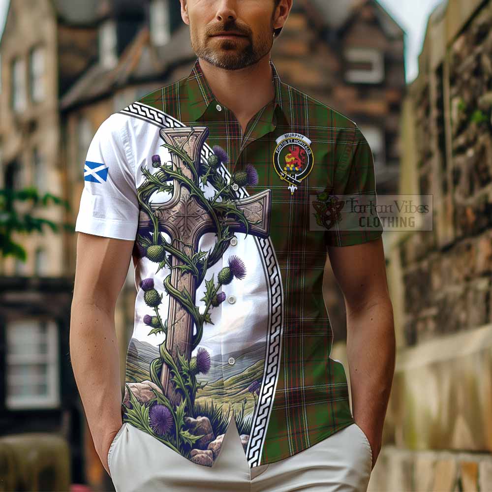 Murphy Tartan Hawaiian Shirt with Family Crest and St. Andrew's Cross Accented by Thistle Vines - Tartan Vibes Clothing