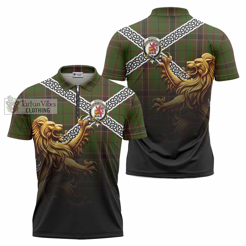 Murphy Crest Tartan Zipper Polo Shirt with Golden Lion Emblem Celtic Style - Tartan Vibes Clothing