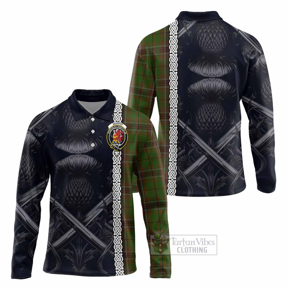 Murphy Tartan Long Sleeve Polo Shirt with Family Crest Cross Sword Thistle Celtic Vibes - Tartan Vibes Clothing
