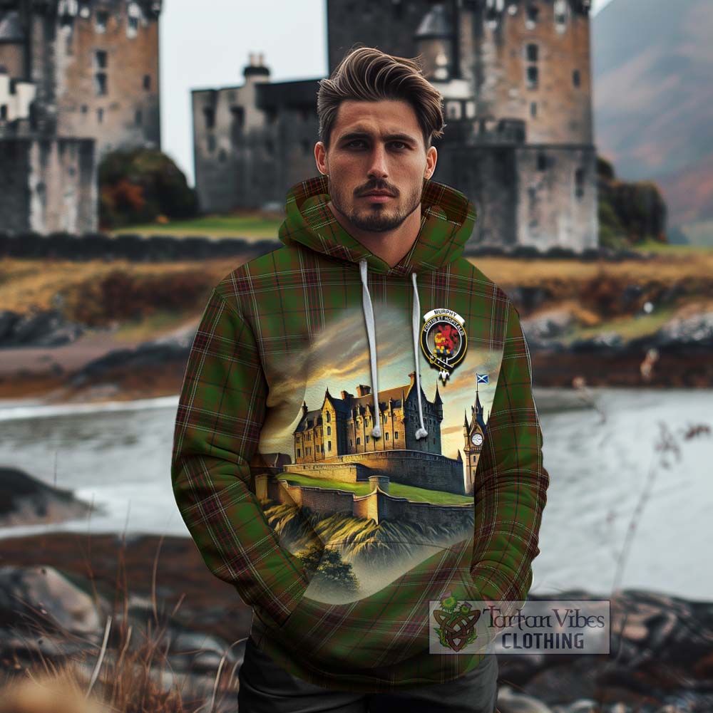 Murphy Tartan Family Crest Cotton Hoodie with Scottish Ancient Castle Style - Tartan Vibes Clothing