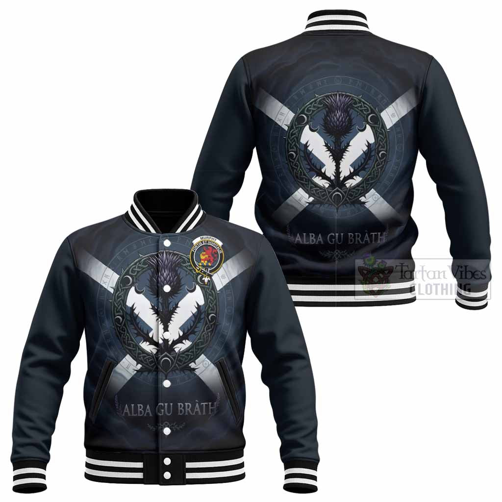 Murphy Clan Crest Baseball Jacket with Celtic Knot Thistle and Saltire - Tartan Vibes Clothing