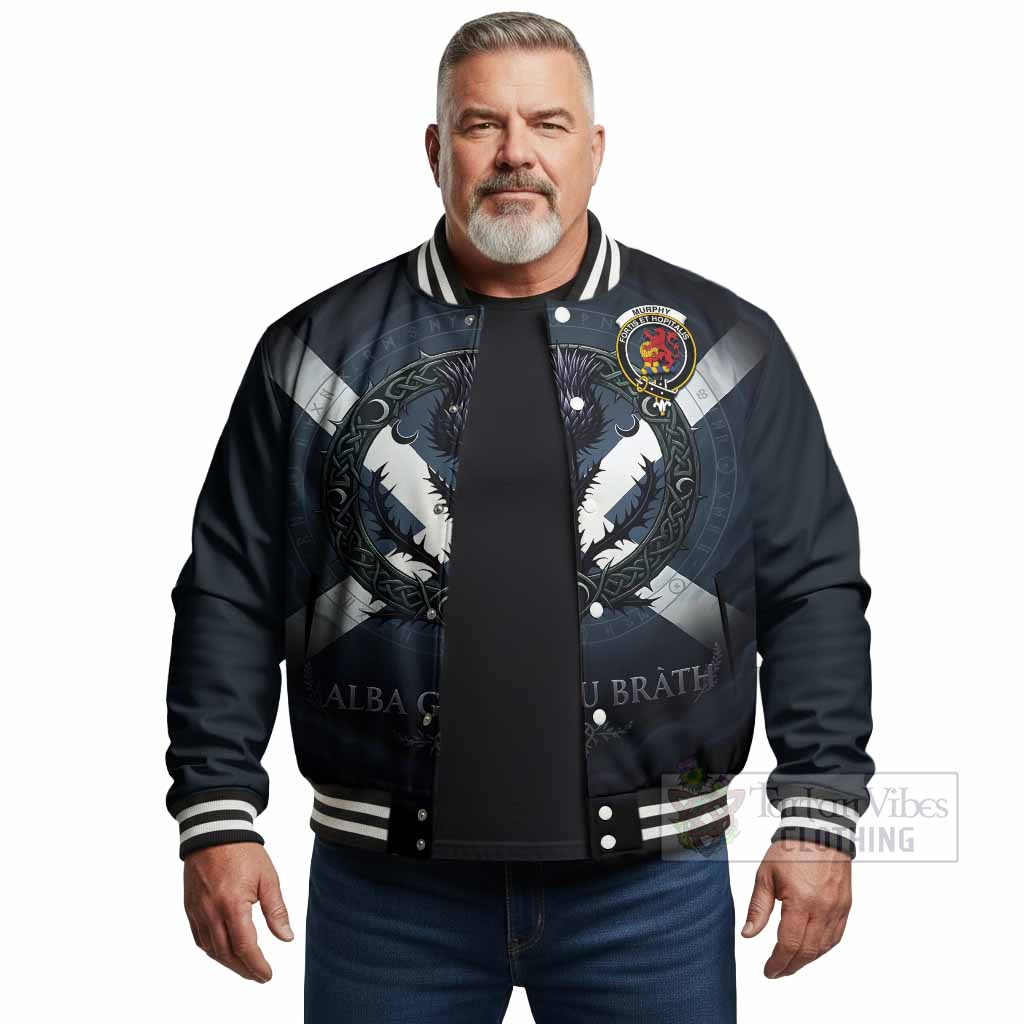 Murphy Clan Crest Baseball Jacket with Celtic Knot Thistle and Saltire - Tartan Vibes Clothing