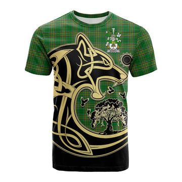 Murphy (Wexford) Irish Tartan Cotton T-shirt with Coat of Arms Celtic Wolf Style
