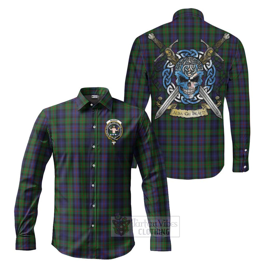 Tartan Vibes Clothing Murray Tartan Long Sleeve Button Shirt with Family Crest Celtic Skull Style