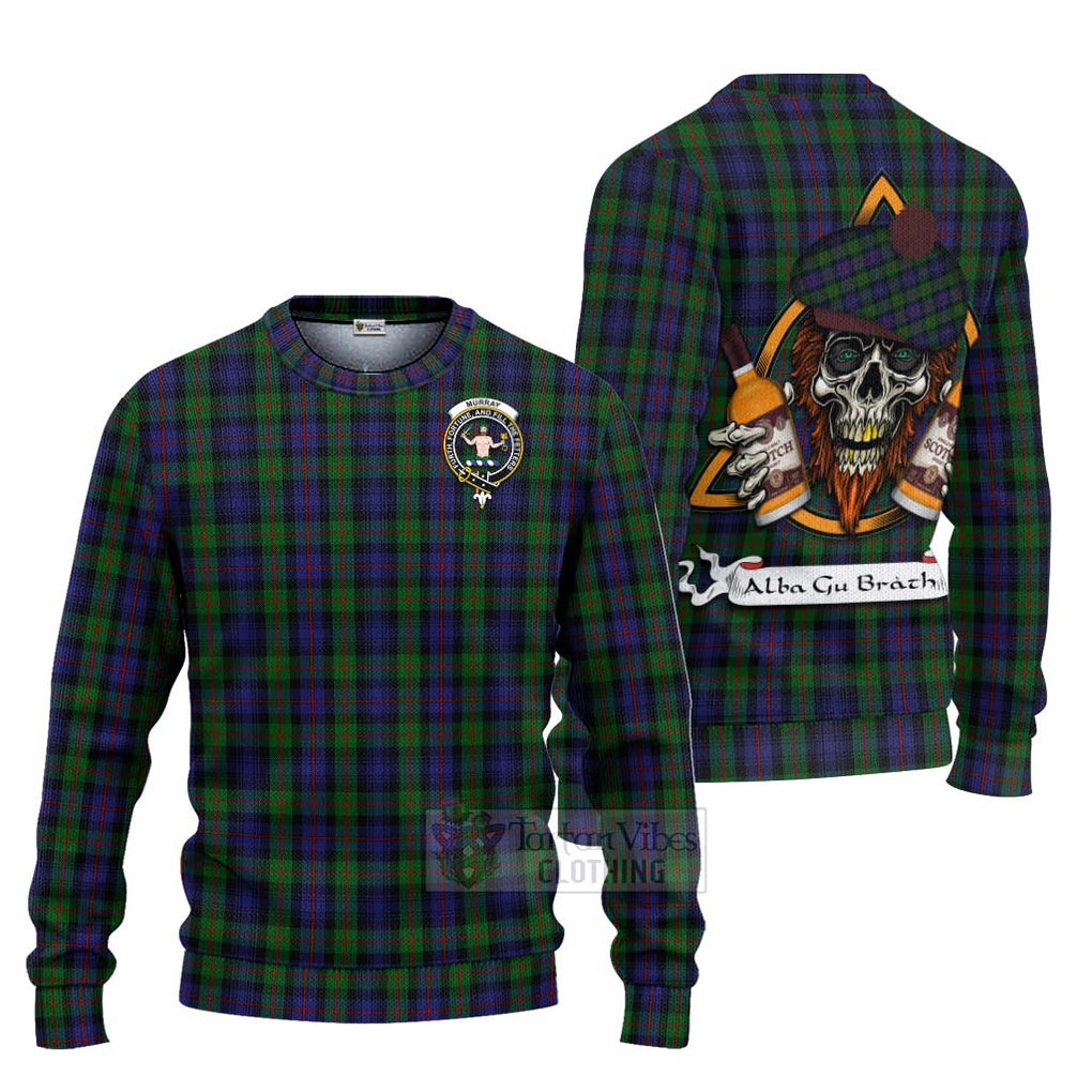 Tartan Vibes Clothing Murray Tartan Knitted Sweater with Family Crest and Bearded Skull Holding Bottles of Whiskey