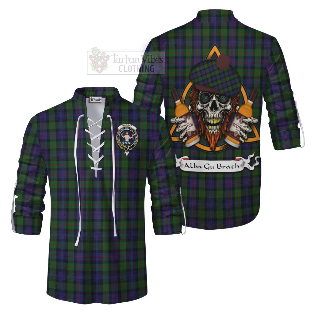 Tartan Vibes Clothing Murray Tartan Ghillie Kilt Shirt with Family Crest and Bearded Skull Holding Bottles of Whiskey