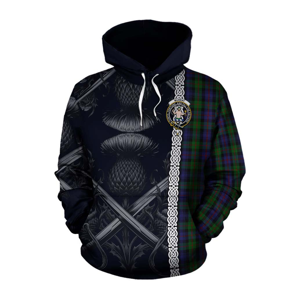 Tartan Vibes Clothing Murray Tartan Cotton Hoodie with Family Crest Cross Sword Thistle Celtic Vibes