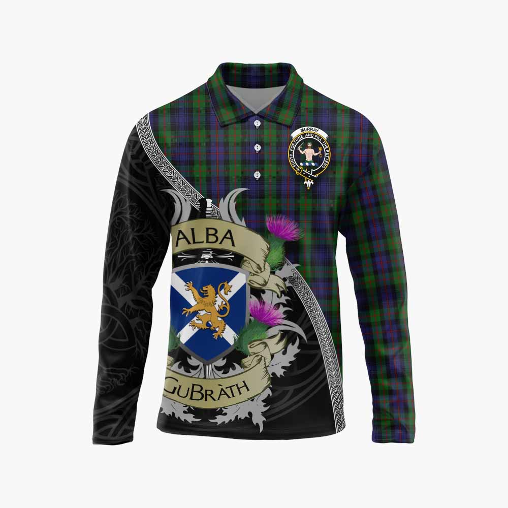 Tartan Vibes Clothing Murray Tartan Family Crest Long Sleeve Polo Shirt Lion Rampant Royal Thistle Shield Celtic Inspired