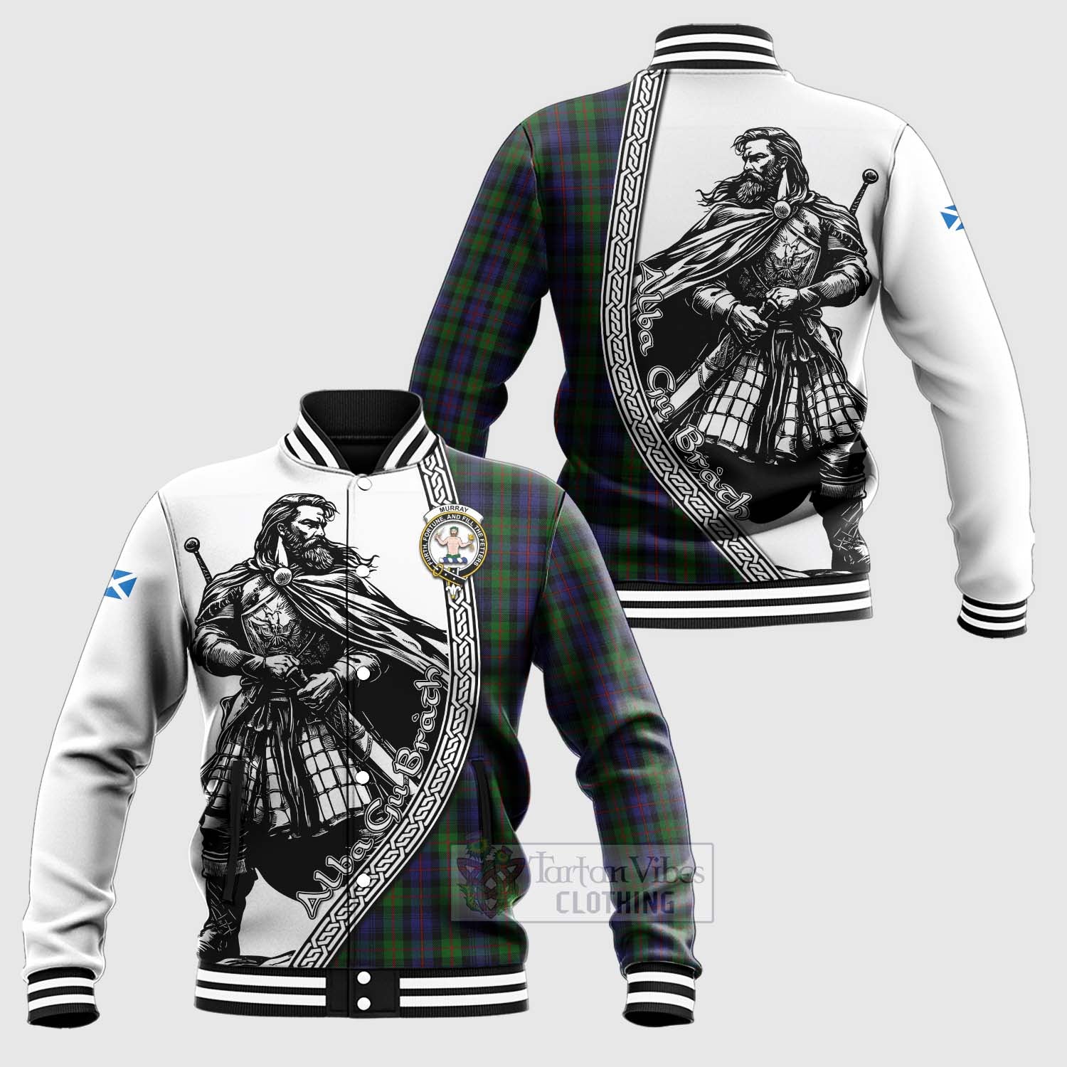 Murray Tartan Clan Crest Baseball Jacket with Highlander Warrior Celtic Style Unisex - Tartan Vibes Clothing