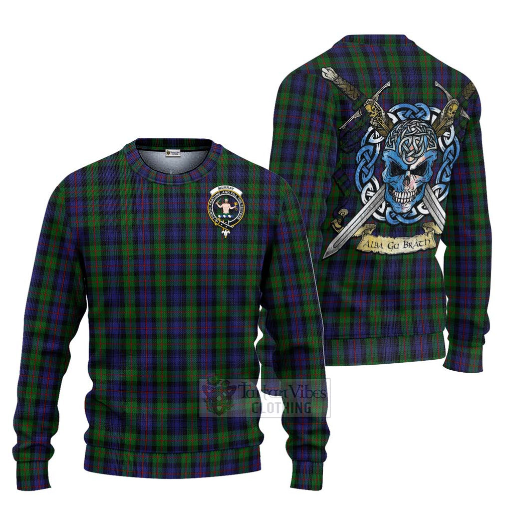 Tartan Vibes Clothing Murray Tartan Knitted Sweater with Family Crest Celtic Skull Style