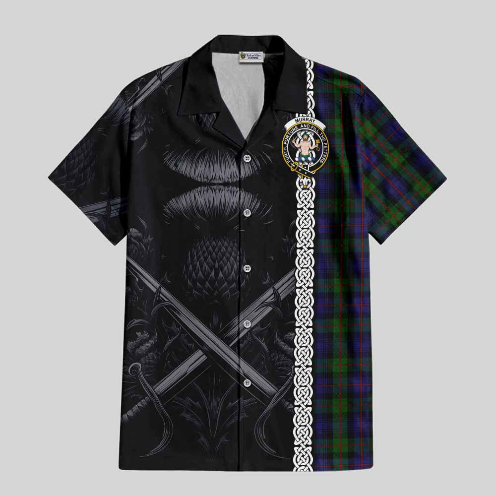 Tartan Vibes Clothing Murray Tartan Short Sleeve Button Shirt with Family Crest Cross Sword Thistle Celtic Vibes