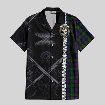 Tartan Vibes Clothing Murray Tartan Short Sleeve Button Shirt with Family Crest Cross Sword Thistle Celtic Vibes