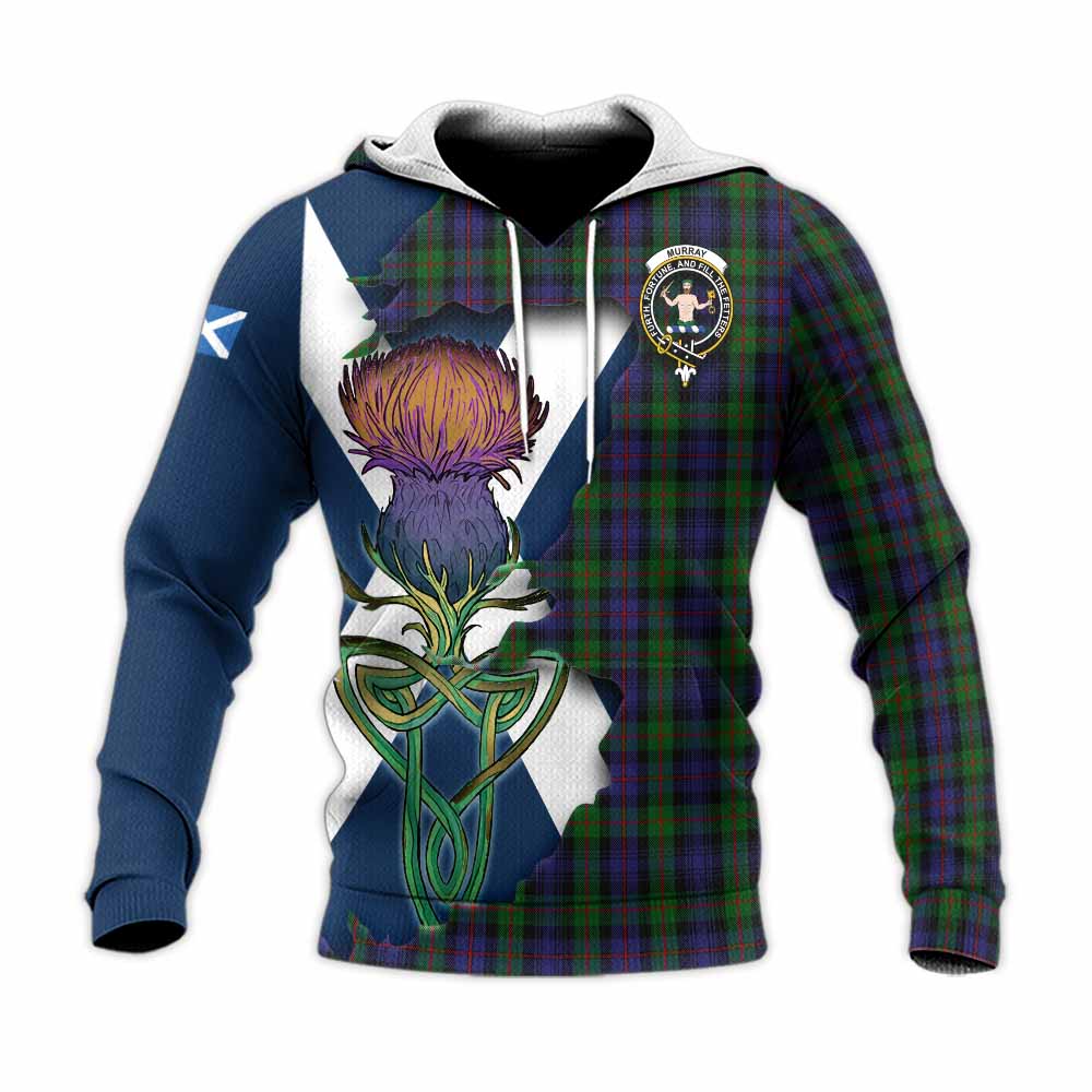 Tartan Vibes Clothing Murray Tartan Family Crest Knitted Hoodie Scottish Thistle Celtic Inspired
