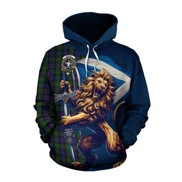 Murray Tartan Family Crest Cotton Hoodie with Scottish Majestic Lion