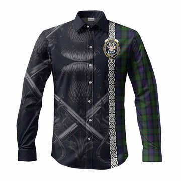 Murray Tartan Long Sleeve Button Shirt with Family Crest Cross Sword Thistle Celtic Vibes