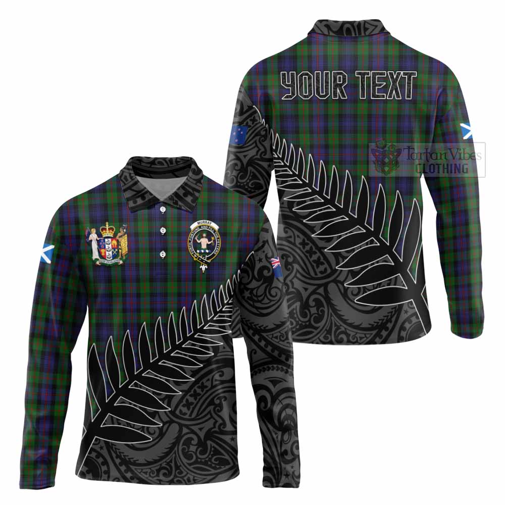Tartan Vibes Clothing Murray Crest Tartan Long Sleeve Polo Shirt with New Zealand Silver Fern Half Style