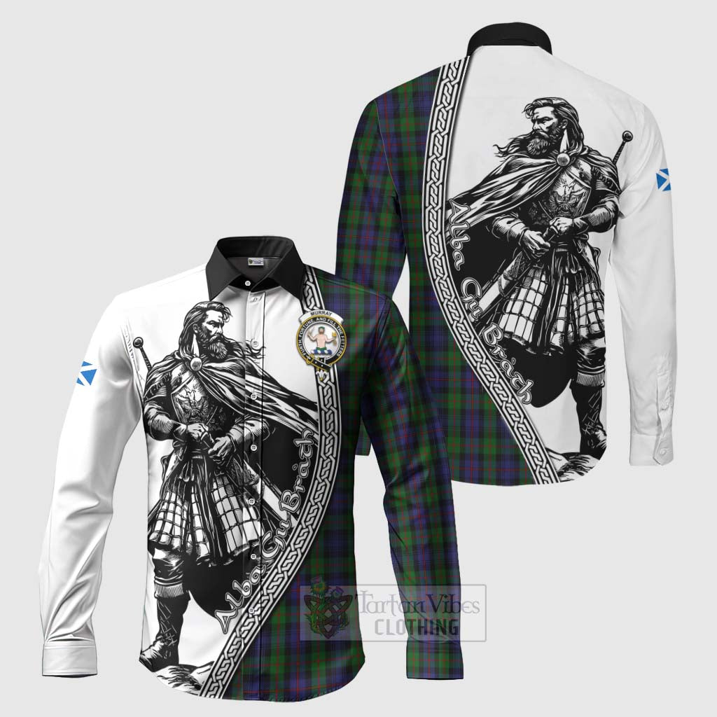 Tartan Vibes Clothing Murray Tartan Clan Crest Long Sleeve Button Shirt with Highlander Warrior Celtic Style