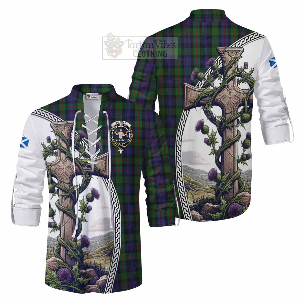 Tartan Vibes Clothing Murray Tartan Ghillie Kilt Shirt with Family Crest and St. Andrew's Cross Accented by Thistle Vines