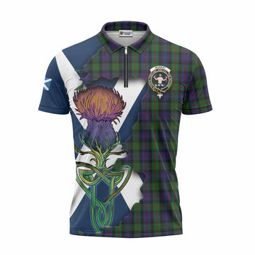Murray Tartan Family Crest Zipper Polo Shirt Scottish Thistle Celtic Inspired