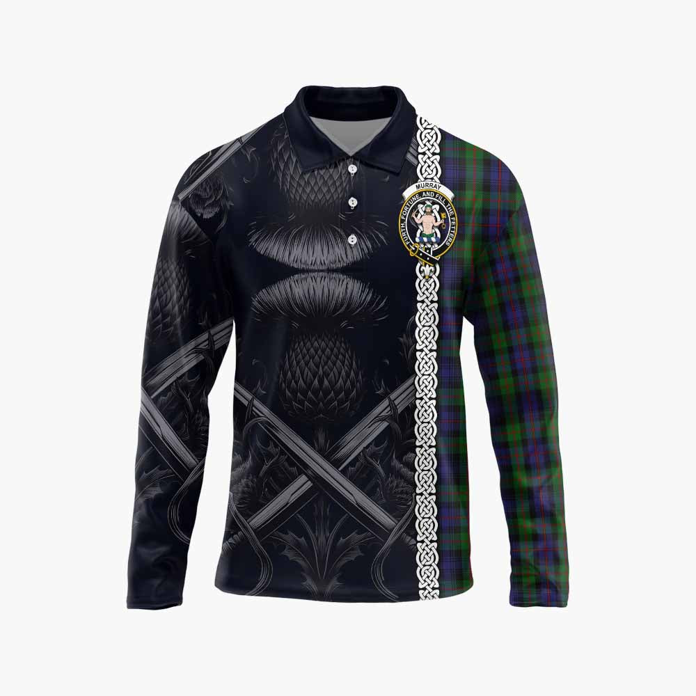 Tartan Vibes Clothing Murray Tartan Long Sleeve Polo Shirt with Family Crest Cross Sword Thistle Celtic Vibes