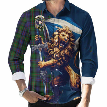 Murray Tartan Family Crest Long Sleeve Button Shirt with Scottish Majestic Lion