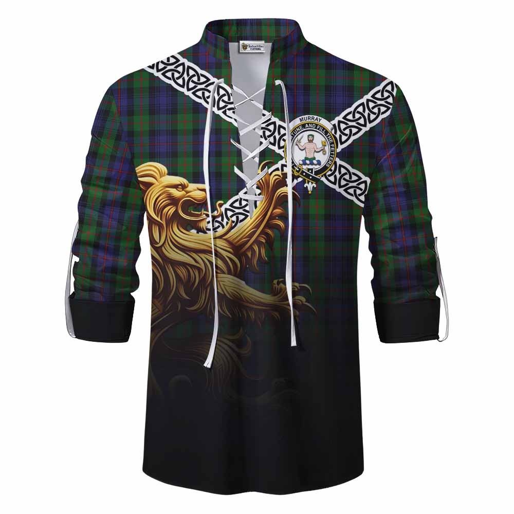 Tartan Vibes Clothing Murray Crest Tartan Ghillie Kilt Shirt with Golden Lion Emblem Celtic Style