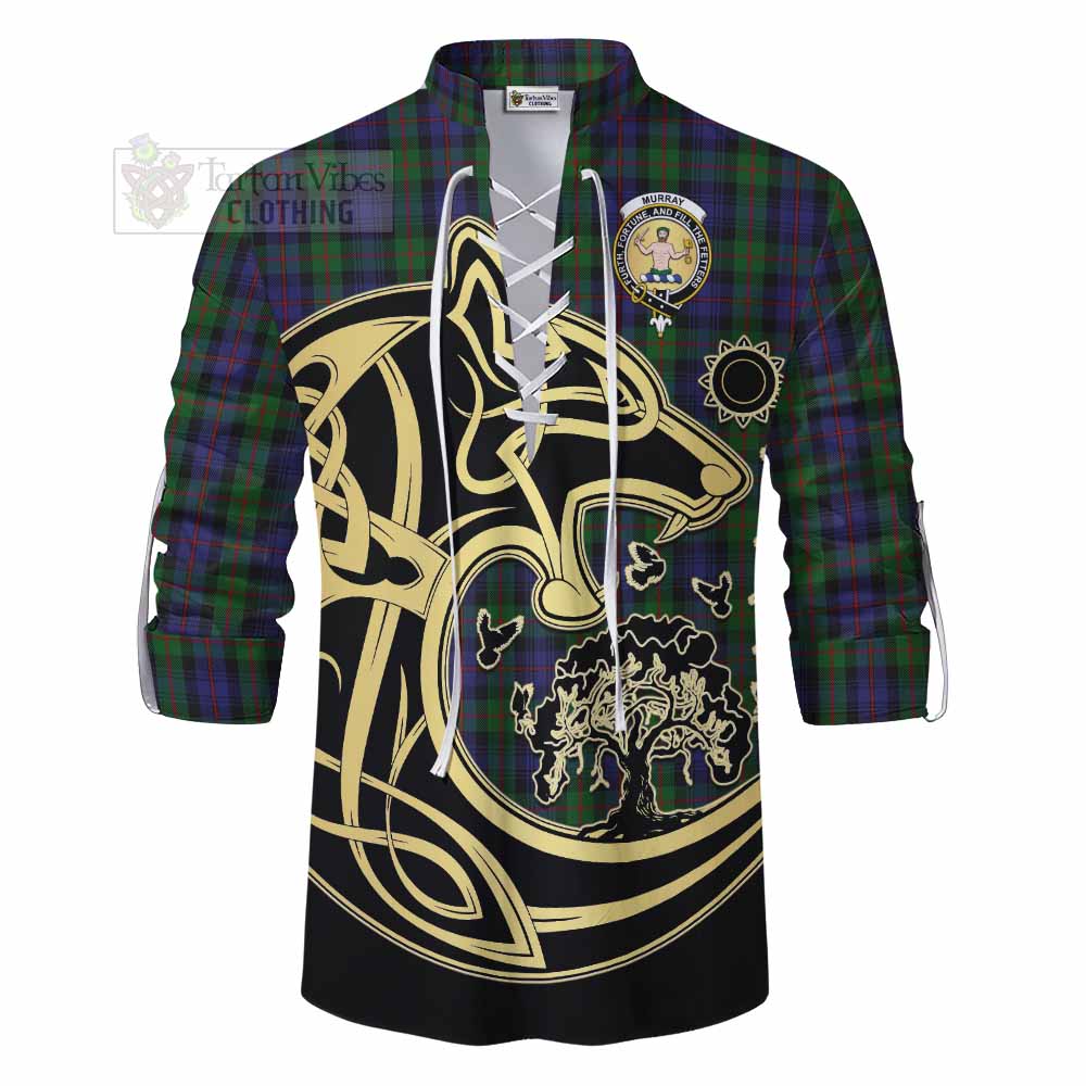 Tartan Vibes Clothing Murray Tartan Ghillie Kilt Shirt with Family Crest Celtic Wolf Style