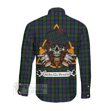 Murray Tartan Long Sleeve Button Shirt with Family Crest and Bearded Skull Holding Bottles of Whiskey