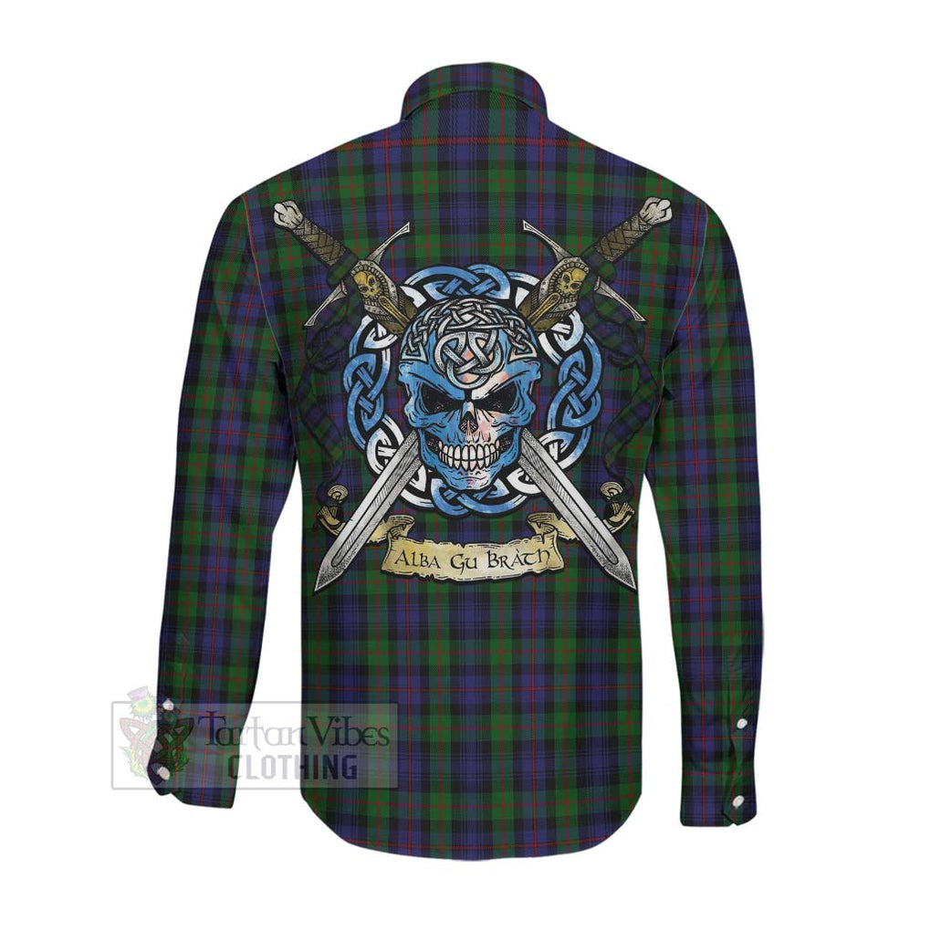 Tartan Vibes Clothing Murray Tartan Long Sleeve Button Shirt with Family Crest Celtic Skull Style