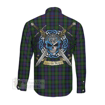 Murray Tartan Long Sleeve Button Shirt with Family Crest Celtic Skull Style