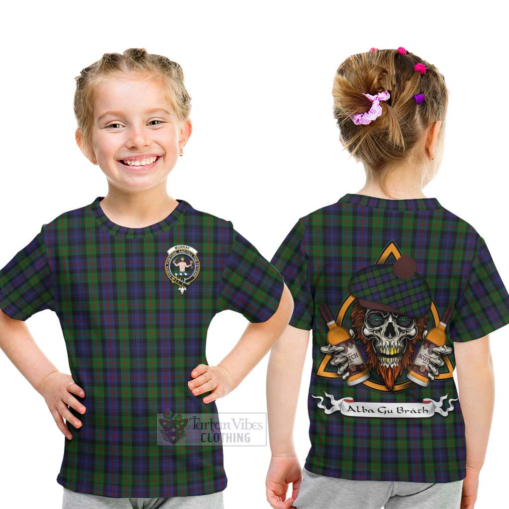 Tartan Vibes Clothing Murray Tartan Kid T-Shirt with Family Crest and Bearded Skull Holding Bottles of Whiskey