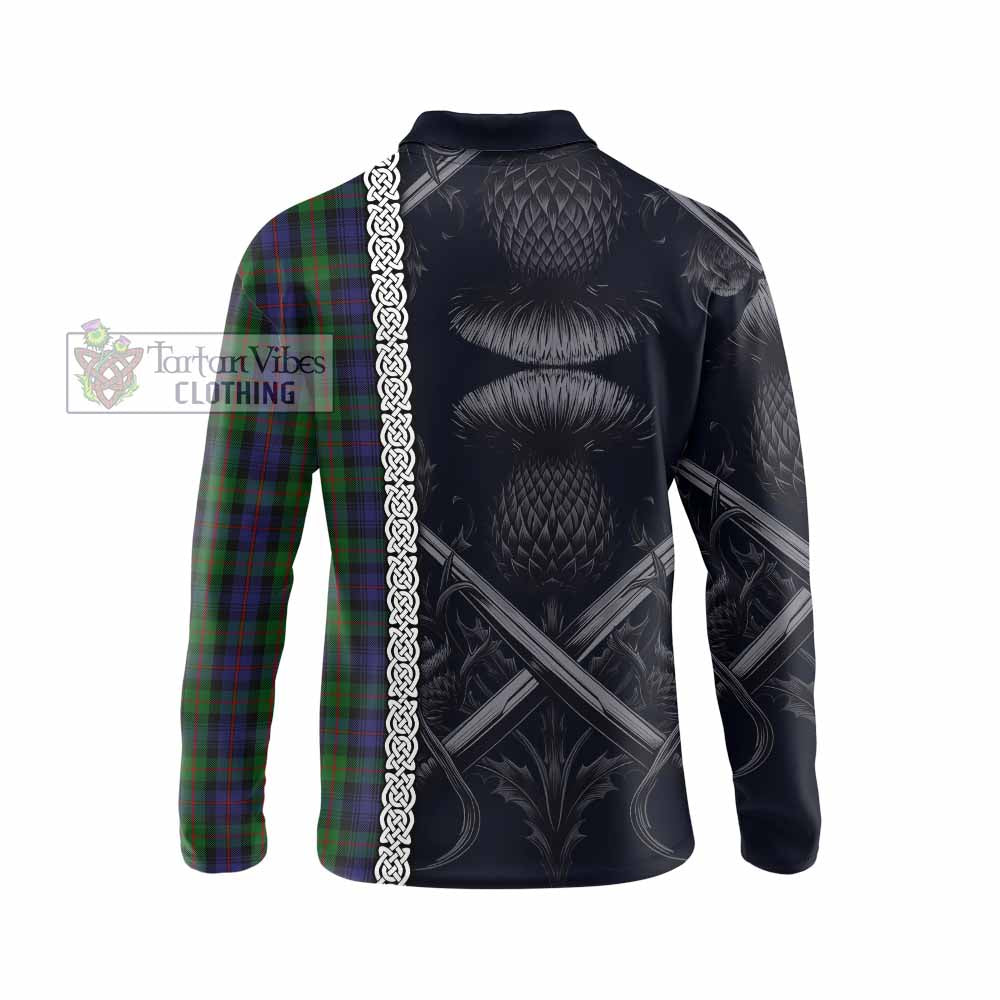Tartan Vibes Clothing Murray Tartan Long Sleeve Polo Shirt with Family Crest Cross Sword Thistle Celtic Vibes