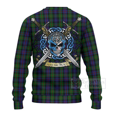Tartan Vibes Clothing Murray Tartan Knitted Sweater with Family Crest Celtic Skull Style